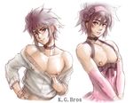  1boy androgynous brown_hair crossdressing erect_nipples kakugari_kyoudai kgbros long_nipples nikuringo nipples presenting sketch solo trap yuuki_rin 