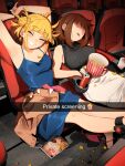  2girls absurdres armpits arms_up barefoot blonde_hair blue_dress blunt_bangs blush boku_no_hero_academia breasts brown_hair can closed_eyes cup disposable_cup double_bun dress drinking_straw drooling english_text feet food grin hair_bun highres khyle. large_breasts medium_breasts medium_hair messy_hair multiple_girls no_eyes open_mouth panties popcorn red_panties sitting skirt smile suggestive_fluid teeth toes toga_himiko underwear upper_teeth_only uraraka_ochaco 