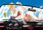  1girl bikini blonde_hair car convertible feet highschool_of_the_dead keigi looking_at_viewer marikawa_shizuka motor_vehicle rear-view_mirror shirt smile soap solo sponge steering_wheel swimsuit toes washing_vehicle wet wet_clothes 