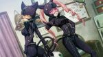  2girls akiha_rumiho akiha_rumiho_(chat_noir) amane_suzuha amane_suzuha_(chat_noir) animal_ears ass bell belt belt_around_waist belt_buckle black-framed_eyewear bodysuit braid breasts brown_hair buckle calendar_(object) cat_belt_buckle cat_ears cat_headgear chat_noir_costume_(steins;gate) clenched_teeth closed_curtains couch curtains drawing_board drill_hair dutch_angle fake_tail floating_hair future_gadget_lab game_cg gloves grin hair_tie hand_on_own_hip headgear helmet highres huke impossible_bodysuit impossible_clothes indoors latex latex_bodysuit long_hair looking_at_viewer medium_breasts multiple_girls neck_bell official_art open_mouth outstretched_arm parted_lips pink-tinted_eyewear pink_eyes pink_hair pointing pointing_at_viewer purple_bodysuit purple_gloves refrigerator ringed_eyes shiny_clothes shiny_lips shoulder_pads skin_tight smile smirk square_pupils star_(symbol) star_print steins;gate steins;gate:_linear_bounded_phenogram stuffed_animal stuffed_toy tail teeth tinted_eyewear tsurime twin_braids twin_drills twintails upa_(steins;gate) whiteboard yellow-tinted_eyewear yellow_eyes 