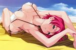  absurdres arched_back armpits arms_up bare_shoulders beach bikini breasts collarbone covered_nipples green_eyes happoubi_jin highres iihara_nao large_breasts looking_at_viewer lying on_back pink_hair resort_boin scan short_hair side-tie_bikini solo sweat swimsuit white_bikini 