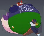2025 air_inflation areoants belly big_belly blaziken blue_clothing blue_sclera blue_shirt blue_t-shirt blue_topwear bottomwear cigar cigar_in_mouth clothing generation_3_pokemon green_bottomwear green_clothing green_pants grey_background hi_res hose hose_inflation huge_belly hyper hyper_belly inflation nintendo object_in_mouth pants pokemon pokemon_(species) shirt simple_background t-shirt topwear