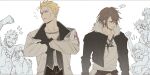  &gt;:) ... 3girls 4boys annoyed arm_up armor bare_pectorals belt black_gloves black_jacket black_pants blonde_hair blue_eyes brown_hair chain chain_necklace cheering clenched_hand clenched_teeth closed_eyes coat crossed_arms eyepatch facial_hair facial_tattoo final_fantasy final_fantasy_viii frown fur-trimmed_jacket fur_trim furrowed_brow fuujin_(ff8) garbage_paper gloves grey_vest hair_slicked_back happy highres jacket jewelry long_sleeves looking_at_another looking_to_the_side multiple_belts multiple_boys multiple_girls necklace open_clothes open_jacket open_mouth pants partially_colored pauldrons pectorals quistis_trepe raijin_(ff8) round_eyewear scar scar_on_face seifer_almasy selphie_tilmitt shirt short_hair shoulder_armor simple_background single_pauldron smile speech_bubble spiked_hair squall_leonhart tattoo teeth toned toned_male upper_body v-neck v-shaped_eyebrows very_short_hair vest white_background white_coat white_jacket white_shirt zell_dincht 
