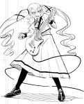  1girl aoki_shizumi collared_shirt commentary_request electric_guitar greyscale guitar highres instrument juliet_sleeves long_hair long_skirt long_sleeves monochrome music neck_ribbon open_mouth playing_guitar playing_instrument pleated_skirt puffy_sleeves ribbon rock_wa_lady_no_tashinami_deshite school_uniform shirt skirt smile socks solo suzunomiya_lilisa sweat twintails very_long_hair 