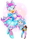  2girls absurdres alternate_costume blue_eyes blue_hair clarice_(disney) daisy_duck disneyland dress eyelashes flower furry gqr_ko hair_flower hair_ornament highres humanization looking_at_viewer mickey_mouse_&amp;_friends multiple_girls open_mouth short_hair smile upper_body wig 