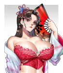  1girl absurdres bare_shoulders border breasts brown_eyes brown_hair cleavage closed_mouth collarbone english_commentary fatal_fury folding_fan gradient_background grey_background hair_ornament hand_fan haori highres holding holding_fan japanese_clothes large_breasts long_hair looking_at_viewer official_alternate_costume outside_border red_bustier red_lips shiranui_mai solo strapless street_fighter street_fighter_6 tube_top upper_body white_border whysoblau 