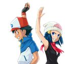  1boy 1girl baseball_cap beanie black_hair blue_eyes blue_hair child evil_smile fingerless_gloves gloves grin hat high_five hikari_(pokemon) pokemon pokemon_(anime) satoshi_(pokemon) simple_background smile turizao 