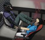 alakser andy_(alakser) anthro black_body black_fur black_hair bottomwear bulge chair clothing detailed_background dirty dirty_feet dominant dominant_anthro dominant_male duo erection erection_under_clothing feet foot_fetish foot_on_face foot_sniffing forced forced_sniffing fur furniture grabbing_wrists hair human human_on_anthro humanoid_feet interspecies male male/male male_on_human male_on_top mammal mephitid on_top pants pawpads plantigrade shirt sitting skunk smelly smelly_feet sniffing stink_fumes stink_lines submissive submissive_human submissive_male table tenting topwear