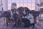  1boy 1girl arm_behind_back aurora_sya_lis_kaymin bare_shoulders black_nails black_pants black_shoes blunt_bangs bow bridal_gauntlets brown_pantyhose candle candlestand closed_eyes couch curled_horns demon_cleric demon_tail grey_hair hetero highres hongxiaoyuji horns indoors kiss kissing_hand long_hair long_sleeves maou-jou_de_oyasumi on_couch pants pantyhose phonograph pom_pom_(clothes) purple_eyes shoes sitting tail vase very_long_hair window yellow_bow 