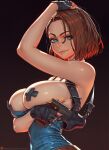  1girl black_gloves blue_eyes blue_tube_top breasts brown_hair clothes_pull fingerless_gloves from_side gloves gradient_background gun hand_on_own_head handgun holding holding_gun holding_weapon holster jill_valentine large_breasts lips looking_at_viewer nikichen pasties resident_evil resident_evil_3:_nemesis short_hair shoulder_holster solo strapless tube_top tube_top_pull upper_body weapon 