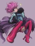  1girl bike_shorts boots breasts dress glasses harold_berselius lipstick makeup pink_hair purple_background purple_eyes short_hair sparkle tales_of_(series) tales_of_destiny_2 thigh_boots thighhighs 
