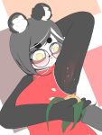 3:4 absurd_res armpit armpit_hair asian_clothing bear big_breasts black_hair body_hair breasts chinese_clothing chinese_dress clothing dress east_asian_clothing eyewear female food giant_panda glasses hair hi_res holding_food holding_object joupulee054 long_hair mammal multicolored_body solo yellow_eyes zongzi
