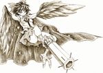  feathered_wings feathers harpy monochrome monster_girl reiuji_utsuho simple_background solo takeuma touhou white_background wings 