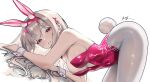  1girl absurdres all_fours animal_ear_fluff animal_ears arched_back artist_name bare_arms bare_shoulders blonde_hair breasts commentary covered_navel cowboy_shot fake_animal_ears fake_tail fingernails from_side goddess_of_victory:_nikke hair_ornament hair_spread_out hairband highleg highleg_leotard highres horns large_breasts leotard long_hair looking_at_viewer looking_to_the_side mole mole_under_eye nail_polish official_alternate_costume pantyhose parted_lips pink_horns pink_leotard playboy_bunny rabbit_ears rabbit_tail red_eyes red_hairband signature simple_background snake_hair_ornament solo strapless strapless_leotard tail viper_(nikke) viper_(toxic_rabbit)_(nikke) white_background white_nails white_pantyhose wrist_cuffs wuhe2233pz 