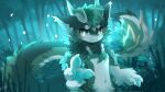 16:9 2024 2_horns 4_fingers :3 anthro biped black_body black_fur blue_body blue_eyes blue_fur blue_theme blush blush_lines chest_tuft claws cool_colors digital_drawing_(artwork) digital_media_(artwork) dragon dragon_horn dragon_tail fangs fingers fluffy fluffy_tail forest forest_background fur furred_dragon furred_scalie hi_res hlg7777 horn kemono looking_at_viewer male multicolored_body multicolored_fur mythological_creature mythological_scalie mythology nature nature_background neck_tuft night outside pawpads paws plant scalie shaded shrub smile smiling_at_viewer solo standing tail teeth tree tuft wallpaper white_body white_fur widescreen