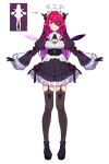  1girl arrow_(symbol) asymmetrical_wings black_garter_straps black_gloves black_shoes black_thighhighs breasts cleavage cleavage_cutout clothing_cutout commentary corset crystal_wings dasdokter design_speculation english_commentary expressionless eyepatch frilled_sleeves frills full_body garter_straps gloves hair_between_eyes halo highres hololive hololive_english horns irys_(hololive) juliet_sleeves long_hair long_sleeves looking_at_viewer maid_headdress medium_breasts one_eye_covered pink_eyes platform_shoes pointy_ears puffy_sleeves red_hair shoes simple_background solo standing star_halo thighhighs virtual_youtuber white_background wide_sleeves wings zettai_ryouiki 