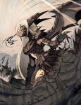  1girl blonde_hair breasts claws dragon_girl dragon_horns dragon_wings egg fangs fantasy hatching highres horns kuroi_susumu long_hair medium_breasts navel original scales solo tsurime very_long_hair wings yellow_eyes 