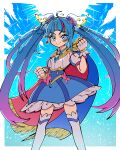  1girl absurdres blue_cape blue_dress blue_eyes blue_hair blue_sky bow brooch cape clenched_hands closed_mouth cloud cloudy_sky commentary cure_sky cut_bangs day detached_sleeves dress dress_bow earrings fingerless_gloves frilled_dress frills fringe_trim gloves gradient_hair hair_ornament highres hirogaru_sky!_precure jewelry kikukekosasi long_hair looking_at_viewer magical_girl multicolored_hair outdoors pink_bow pink_hair precure puffy_detached_sleeves puffy_sleeves red_cape short_dress single_sidelock sky sleeveless sleeveless_dress smile solo sora_harewataru standing streaked_hair thighhighs twintails two-sided_cape two-sided_fabric two-tone_dress two-tone_hair very_long_hair white_dress white_gloves white_thighhighs wing_brooch wing_hair_ornament 