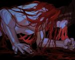  1boy absurdly_long_hair arm_support black_background clenched_hand commentary elden_ring elden_ring:_shadow_of_the_erdtree english_commentary fingernails helm helmet highres long_hair looking_at_viewer male_focus messmer_the_impaler muscular muscular_male nude parted_lips pectorals profile red_hair sidepec solo twistedfei upper_body very_long_hair yellow_eyes 
