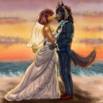 absurd_res anthro beach black_tie_(suit) bovid breasts brown_body brown_fur brown_hair canid canine caprine clothing diana_caproni_(on_your_tail) dress duo eye_contact female flower footwear fur gloves goat hair handwear heartlessangel3d hi_res horn interspecies kissing lexua_(on_your_tail) looking_at_another male male/female mammal on_your_tail plant rose_(flower) shoes suit sunset wedding wedding_dress wedding_veil