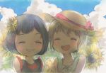  2girls :d ^_^ aoba_moka bang_dream! black_hair blush bob_cut child closed_eyes commentary_request day eyes_closed flower grey_hair grin hair_flower hair_ornament hand_holding hat hat_ribbon marker_(medium) mitake_ran multiple_girls open_mouth outdoors red_ribbon ribbon short_hair sleeveless smile straw_hat sun_hat sunflower traditional_media upper_body younger yuyuyugoonn 