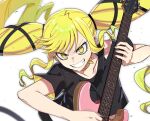  1girl aoki_shizumi black_shirt blonde_hair commentary_request electric_guitar grin guitar highres instrument long_hair music playing_guitar playing_instrument rock_wa_lady_no_tashinami_deshite shirt short_sleeves simple_background smile solo suzunomiya_lilisa sweat twintails v-shaped_eyebrows white_background yellow_collar yellow_eyes 