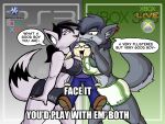 absurd_res anthro canid canine canis clothing female fennec_fox fox group hi_res impact_(font) lei_leslie leionfire male male/female mammal meme meme_clothing microsoft playstation playstation_3 playstation_network sony_corporation sony_interactive_entertainment speech_bubble text trio true_fox wolf xbox xbox_game_studios xbox_live