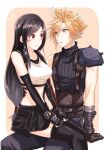 1boy 1girl ? absurdres arm_support armor bare_shoulders black_gloves black_hair black_skirt black_thighhighs blonde_hair blue_eyes blush border breasts closed_mouth cloud_strife commentary_request crop_top earrings elbow_gloves feet_out_of_frame final_fantasy final_fantasy_vii final_fantasy_vii_remake fingerless_gloves flying_sweatdrops gloves hand_on_another&#039;s_waist highres jewelry long_hair looking_at_another low-tied_long_hair medium_breasts midriff miniskirt mizuamememe outside_border parted_lips red_eyes ribbed_sweater short_hair shoulder_armor single_arm_guard single_bare_shoulder single_sidelock sitting sitting_on_lap sitting_on_person skirt sleeveless sleeveless_turtleneck spiked_hair stud_earrings suspenders sweatdrop sweater swept_bangs tank_top thighhighs tifa_lockhart turtleneck turtleneck_sweater white_border white_tank_top 