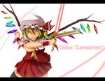  ascot bad_id bad_pixiv_id bisuke_(k_step2009) black_legwear blonde_hair flandre_scarlet grin hat highres laevatein letterboxed side_ponytail skirt skirt_set smile solo sword thighhighs touhou weapon wings wrist_cuffs 