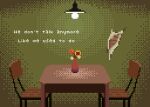  broken_wall english_text flower highres light_bulb no_humans onlypixeeels original peeling pixel_art scenery sunflower table vase wallpaper_(object) wooden_chair wooden_table 