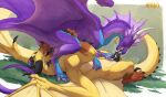 69_position anklet anthro anus black_horn black_penis black_tongue blue_eyes bodily_fluids claws cum cum_in_mouth cum_inside cumshot cunnilingus dragon duo ejaculation erection facial_horn fellatio female female_penetrated feral feral_on_feral feral_penetrated feral_penetrating feral_penetrating_feral frill_(anatomy) genital_fluids genitals horn horn_jewelry intraspecies jewelry kyala long_neck long_tail lying male male/female male_penetrating male_penetrating_female membrane_(anatomy) membranous_wings mythological_creature mythological_scalie mythology nawka neck_frill nose_horn on_back oral penetration penile penis purple_body purple_scales scales scalie sex spikes tail tongue vaginal wings yellow_body yellow_scales