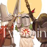  3boys abyss_watcher armor artist_name bandaged_arm bandages belt black_armor blonde_hair brown_armor brown_belt brown_cape brown_gloves cape capelet chinese_commentary cloak commentary_request cowboy_shot crossed_swords dark_souls_(series) dark_souls_i dark_souls_iii full_armor fur-trimmed_capelet fur_trim gloves green_fur hand_on_own_hip helmet highres holding holding_sword holding_weapon looking_up male_focus multiple_boys red_cloak sir_vilhelm solaire_of_astora sparkle sparkling_aura sun sun_print sword tworain_w watermark weapon white_background 