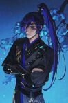  1boy aqua_background black_gloves black_hair black_hanfu black_headband black_sash blue_background blue_eyes blue_flower branch chinese_clothes chinese_commentary closed_mouth code:_kite cowboy_shot crossed_arms flower fu_rong_(code:_kite) gloves gradient_background hanfu headband high_ponytail highres kkknnnn long_hair long_sleeves looking_at_viewer male_focus partially_fingerless_gloves ponytail sash shoulder_strap solo watermark weibo_watermark 