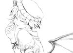  greyscale hands hat monochrome remilia_scarlet ribbon short_hair simple_background smile solo takeuma touhou white_background wings wrist_ribbon 