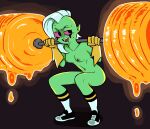 5_fingers alien alien_humanoid areola bodily_fluids breasts clothing crouching disney exercise female fingers footwear freckles gloves green_areola green_body green_nipples green_skin hair handwear hi_res humanoid humanoid_pointy_ears lord_dominator mostly_nude navel nipples noseless not_furry nylonics open_mouth pink_sclera pointy_ears shoes socks solo sweat teeth tongue wander_over_yonder weightlifting weights white_hair workout