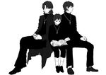  book child cross cross_necklace fate/zero fate_(series) greyscale jewelry kagami_ei kotomine_kirei long_coat male_focus monochrome multiple_boys multiple_persona necklace older shorts younger 