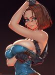 1girl black_gloves blue_eyes blue_tube_top breasts brown_hair fingerless_gloves from_side gloves gradient_background gun hand_on_own_head handgun holding holding_gun holding_weapon holster jill_valentine large_breasts lips looking_at_viewer nikichen resident_evil resident_evil_3:_nemesis short_hair shoulder_holster solo strapless tube_top upper_body weapon 