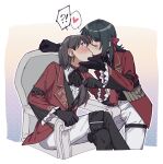  2girls ascot bang_dream! bang_dream!_it&#039;s_mygo!!!!! black_ascot black_boots black_gloves black_hair black_vest blush boots closed_eyes criangle_k. earrings gloves heart jacket jewelry kiss long_hair multiple_girls pants purple_eyes red_jacket shiina_taki shirt sitting spoken_heart thigh_boots vest white_pants yahata_umiri yuri 