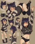  1girl animal_ears ass black_hair black_nails black_panties black_shorts blue_eyes blush cat_ears cat_girl cauldron christmas_ornaments collar crop_top fang fangs feet fukari goth_fashion highres leg_tattoo long_sleeves looking_at_viewer midriff multiple_views navel offelia_(fukari) open_mouth original panties short_hair shorts shoulder_tattoo simple_background socks stomach_tattoo striped_clothes striped_sweater sweater tail tattoo thighhighs underwear yawning 