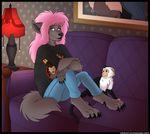  blue_eyes brown_fur canine claws clothing digital eyelashes female fur hair isabella_price isabellaprice mammal monkey pants pet pink_hair primate shirt sitting smile sofa were werewolf wolf 