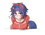  1girl blue_eyes blue_hair breasts choker cleavage collarbone fourteen_714 miside mita_(miside) pleated_skirt red_choker red_shirt red_sweater shirt short_hair simple_background skirt solo sweater white_background 