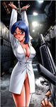  arms_up bdsm blue_hair blush bondage bottomless bound breasts cleavage commentary_request covered_nipples crusher_joe cuffs gun handcuffs jonah_mateur large_breasts no_bra photo_background shingyouji_tatsuya sweat weapon 