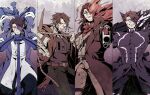 1boy aedd_(e.g.o) aiming aiming_at_viewer animal_ears asymmetrical_inertia_(e.g.o) belt blue_jacket brown_hair brown_jacket coat curtained_hair e.g.o_(project_moon) extra_arms facial_hair fell_bullet_(e.g.o) fire gears grin gun heathcliff_(project_moon) highres holding holding_gun holding_rope holding_sword holding_weapon jacket leaning_forward leaning_on_object limbus_company looking_at_viewer male_focus monocle mry_46 multiple_views muscular muscular_male one_eye_covered open_mouth project_moon red_scarf rope scar scar_on_face scarf scars_all_over short_hair smile solo stubble sword telepole_(e.g.o) toned toned_male trench_coat weapon wolf_ears 