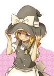  apron blonde_hair blush bow braid dress embarrassed hair_bow hands_on_headwear hat hat_bow heart heart-shaped_pupils kirisame_marisa looking_up shibasaki_shouji short_hair solo symbol-shaped_pupils tears touhou white_bow witch_hat 