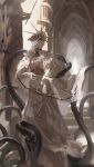  1boy absurdres aiguillette androgynous arrow_(projectile) black_snake bow_(weapon) cape column covered_eyes dark_souls_(series) dark_souls_i dark_sun_gwyndolin headpiece highres holding holding_bow_(weapon) holding_weapon long_hair male_focus mona_(shien0125) otoko_no_ko pillar robe snake standing statue weapon white_cape white_hair white_robe 