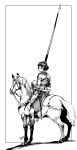ambiguous_gender armor bridle cel_shading chainmail cuirass duo equid equine female feral greaves headgear helmet hi_res horse human knight lance looking_aside looking_back mammal melee_weapon monochrome pauldron pirata plate_armor polearm rerebrace sabatons saddle shaded shadow side_view signature simple_background spurs stirrups sword tack warrior weapon