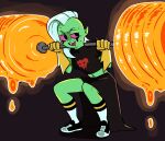 5_fingers alien alien_humanoid bodily_fluids bottomwear breasts clothing crouching disney exercise female fingers footwear freckles gloves green_body green_skin hair handwear hi_res humanoid humanoid_pointy_ears lord_dominator midriff navel noseless not_furry nylonics open_mouth pink_sclera pointy_ears shoes socks solo sweat teeth tongue topwear wander_over_yonder weightlifting weights white_hair workout
