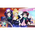  3girls :d ^_^ arcade arms_up ayase_eli bag bag_charm black_hair blazer blonde_hair blue_eyes blue_jacket blue_skirt blush bow bowtie bread cardigan character_doll charm_(object) closed_eyes cowboy_shot crane_game diagonal-striped_bow diagonal-striped_bowtie diagonal-striped_clothes doll doll_on_head dress_shirt eye_contact food green_bow green_bowtie hair_bow hair_ornament hand_up happy holding holding_another&#039;s_arm holding_bag holding_doll hoshizora_rin index_finger_raised indoors jacket koizumi_hanayo kosaka_honoka long_hair long_sleeves looking_at_another looking_to_the_side love_live! love_live!_school_idol_project low_twintails miniskirt multiple_girls nesoberi official_art onigiri open_clothes open_jacket open_mouth otonokizaka_school_uniform petticoat pink_cardigan pink_nails pink_scrunchie plaid_clothes plaid_skirt pleated_skirt pointing pointing_up ponytail puchiguru_love_live! purple_hair red_eyes school_bag school_uniform scrunchie shirt sideways_glance skirt smile sonoda_umi striped_clothes teeth tojo_nozomi twintails upper_teeth_only v-shaped_eyebrows white_scrunchie white_shirt winter_uniform yazawa_nico 