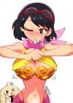  1girl angewomon angewomon_(cosplay) black_eyes black_hair boobplate breasts clothes_lift cosplay cowboy_shot digimon digimon_(creature) digimon_adventure digimon_story:_time_stranger eyewear_on_head highres holding holding_whistle lab_coat large_breasts mouth_hold navel pink_shorts pubic_tattoo shirt_lift short_hair shorts simple_background solo_focus supermondobeat tattoo terriermon terriermon_joshu whistle white_background yagami_hikari yagami_hikari_(cosplay) yuuki_kanan 