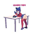  1girl animal_ear_headwear artist_name ass bent_over blue_eyes blue_gloves blue_hair blue_hat blue_shoes blue_skirt commentary cool_mita_(miside) english_commentary full_body gloves hand_up hat hat_with_ears heart long_sleeves looking_at_viewer miniskirt miside mita_(miside) newsboy_cap pixel_art red_shirt red_thighhighs shirt shoes sidelocks sim0n404 simple_background skirt solo table thighhighs waving white_background 